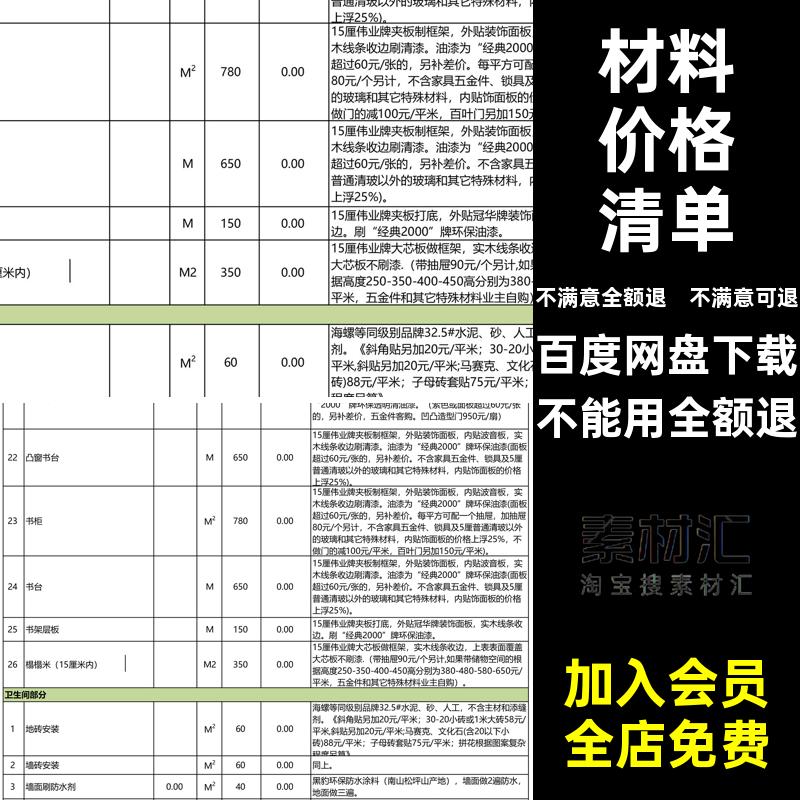 材料价格清单表全模板施工家装报价表半装公工装5包预算装修工装