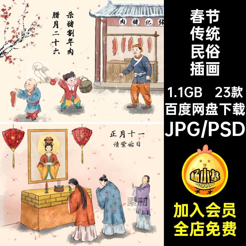 【民俗】春节传统文化年俗习俗仪式活动手绘插画海报模板PSD素材