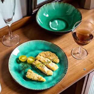〖高颜值+琥珀绿〗不规则冰裂沙拉碗盘子菜碗复古陶瓷餐具微瑕