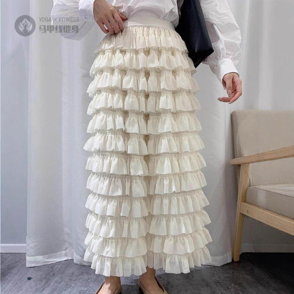 韩国早春小仙女蛋糕半身裙层层雪纺拼接高松紧腰甜美白色公主长裙