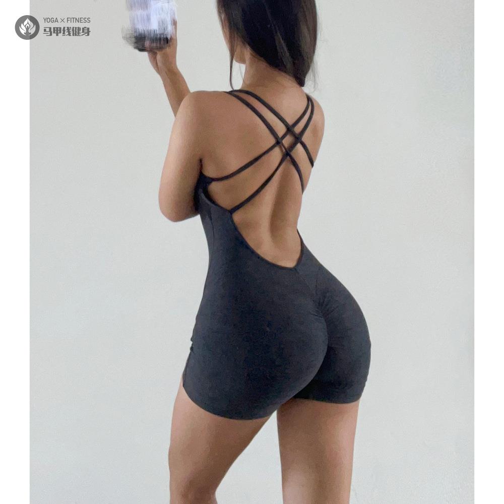 欧美提臀连体衣美背性感瑜伽速干含胸垫训练普拉提舞蹈连体短裤女