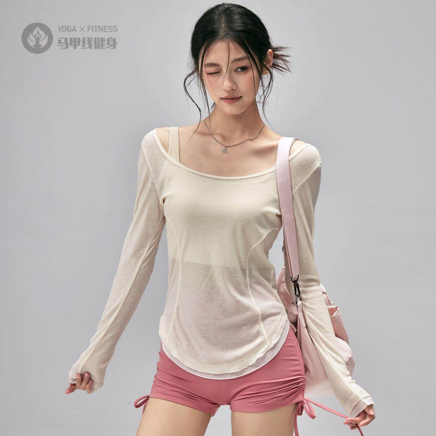 宽松休闲感瑜伽服罩衫下摆撞色轻薄透气性感露背长袖运动罩衫