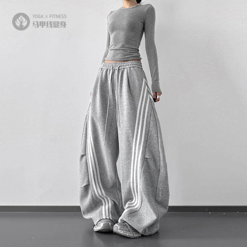 秋装灰色运动裤女秋季新款美式复古高腰阔腿休闲健身跳舞裤子