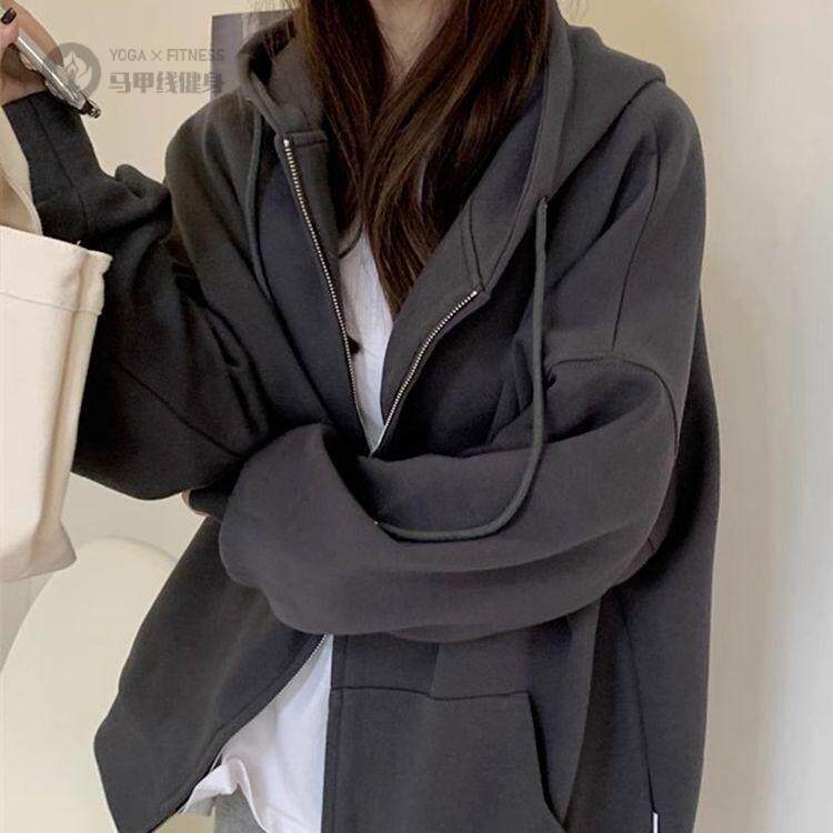 灰色卫衣外套女春秋连帽拉链开衫韩系慵懒风厚加绒2026新款秋冬