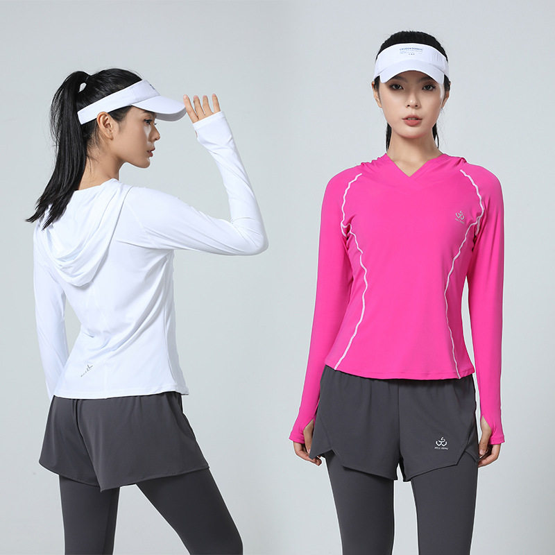 薄款V领瑜伽连帽修身长袖薄款速干运动上衣跑团队健身服训练外套