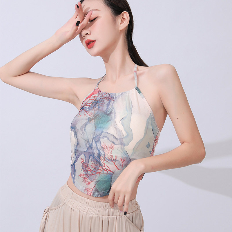 夏季露背绑带镂空印花背心舞蹈服