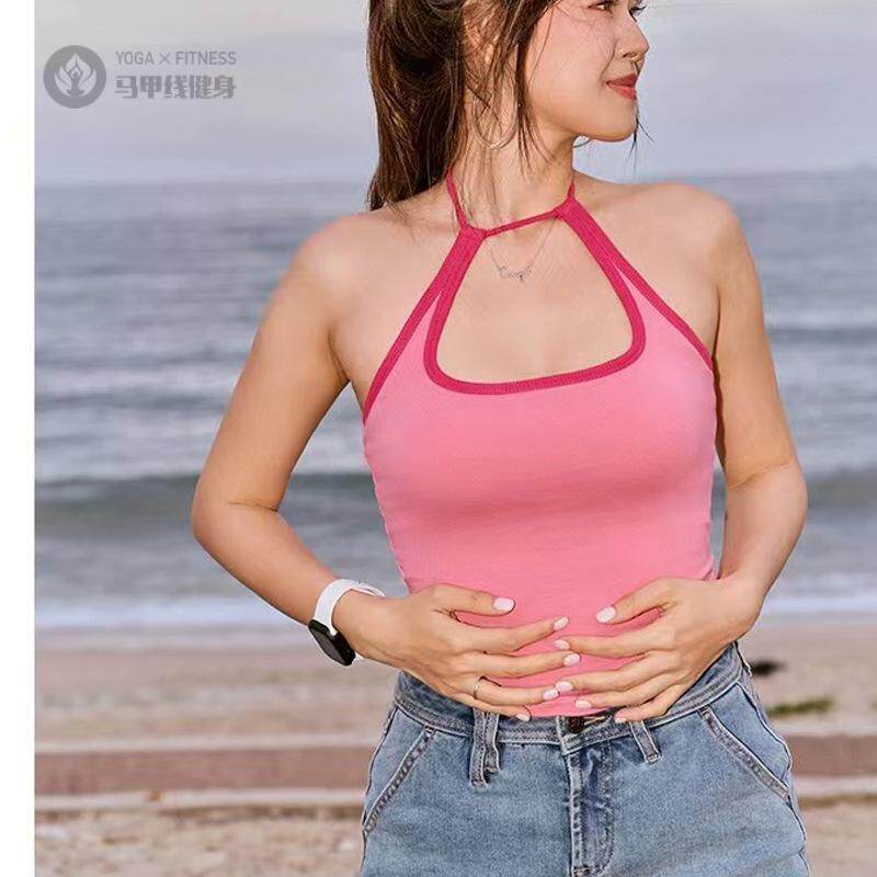 瑜伽背心女镂空挂脖含胸垫高弹