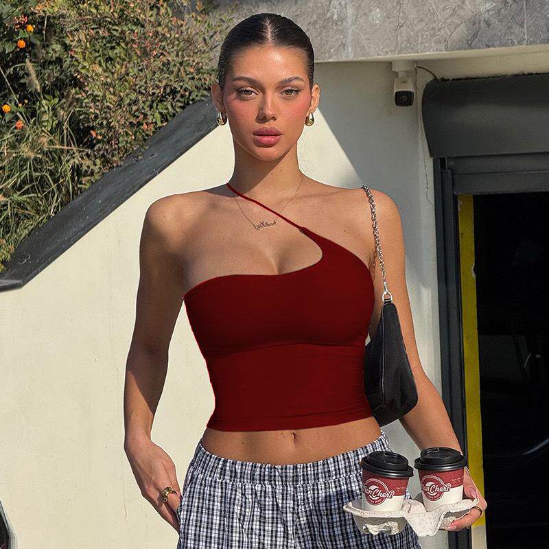 新款单肩设计个性纯色吊带含胸垫性感露背收腰瑜伽运动背心