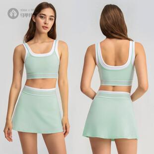 新款假两件撞色白条吊带跑步运动内衣文胸网球短裙瑜伽服套装