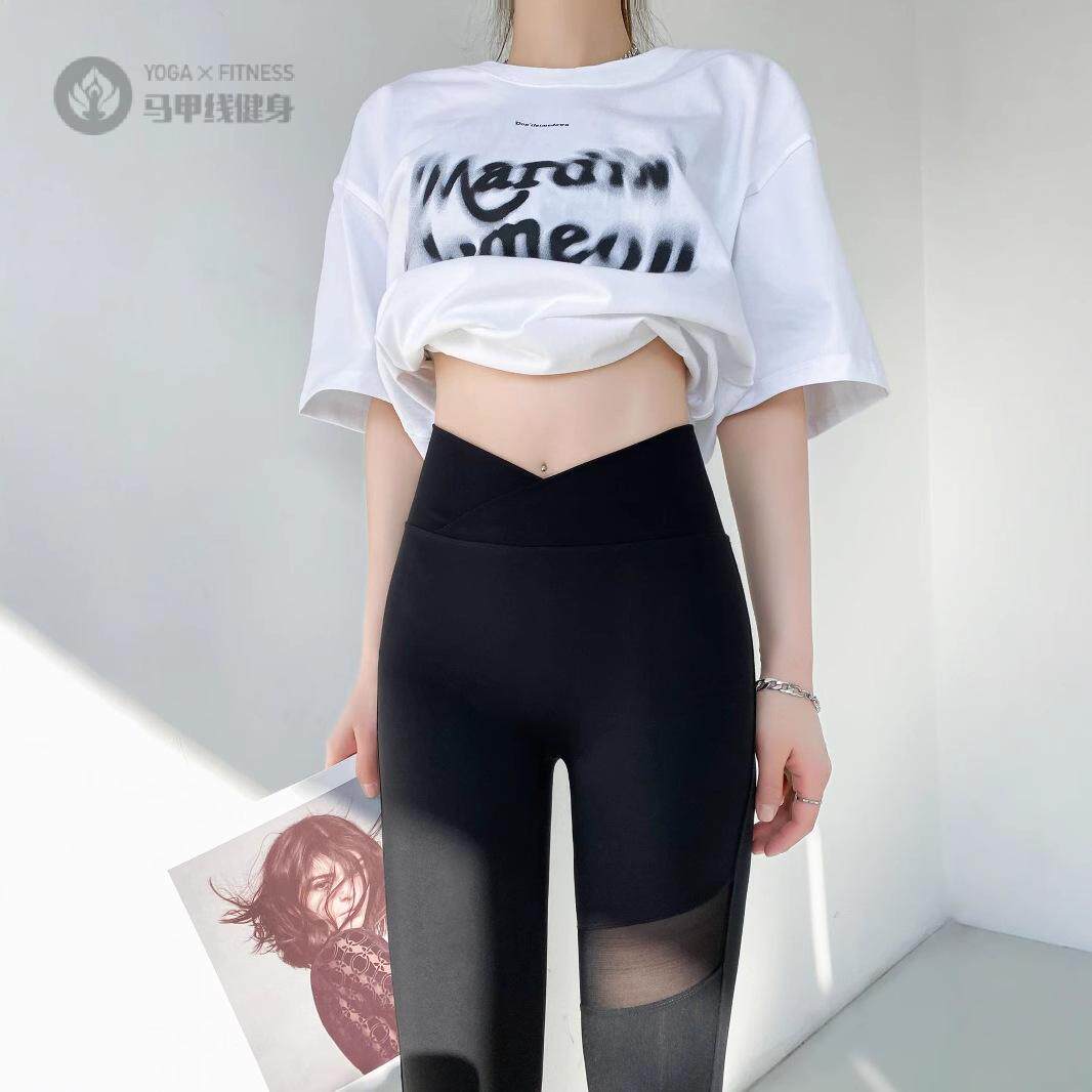 731夏季薄款V腰打底裤网纱拼接个性裤高弹力显瘦九分裤子女