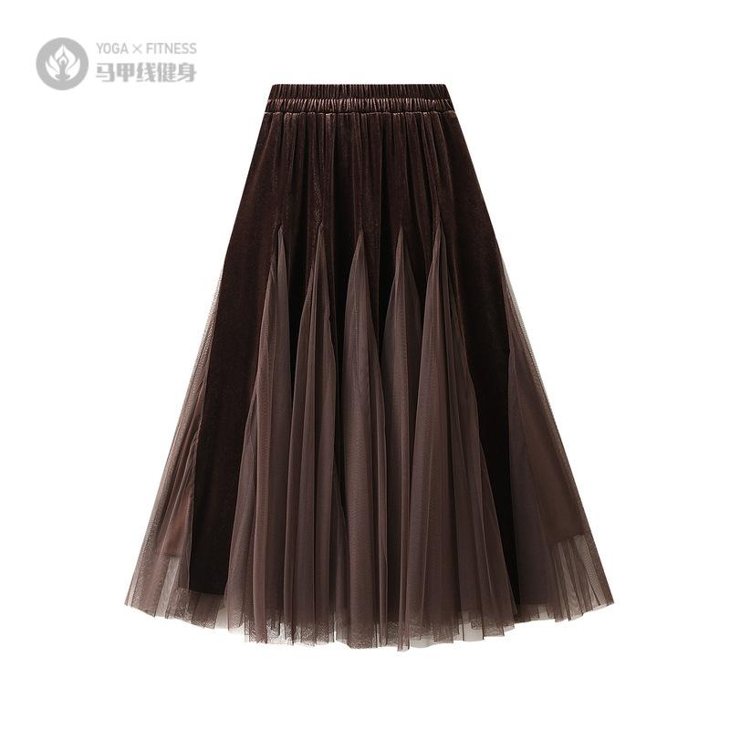 2025秋冬绒拼接网纱半身裙女