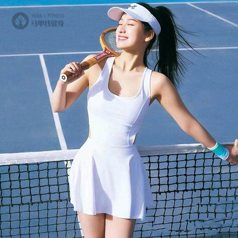 夏季运动连衣裙网球裙羽毛球裙网球服女袖显瘦健身连体裙带胸垫