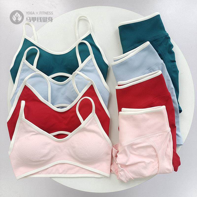 欧美撞色文胸缝紧身蜜桃提臀运动短裤跑步健身裤女瑜伽套装