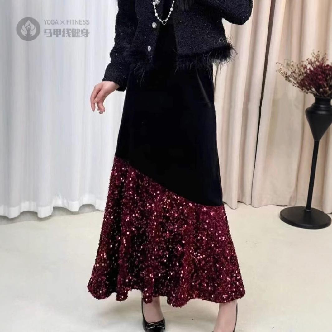 秋冬新款亮片拼接丝绒鱼尾半身裙