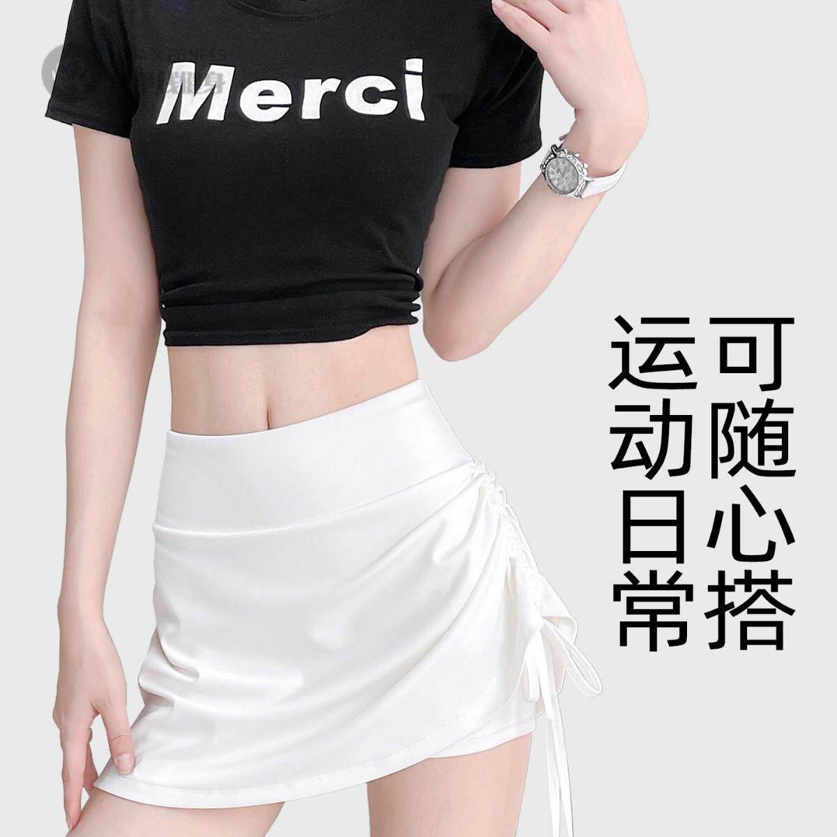 春款抽皱高腰防走光假两件运动女