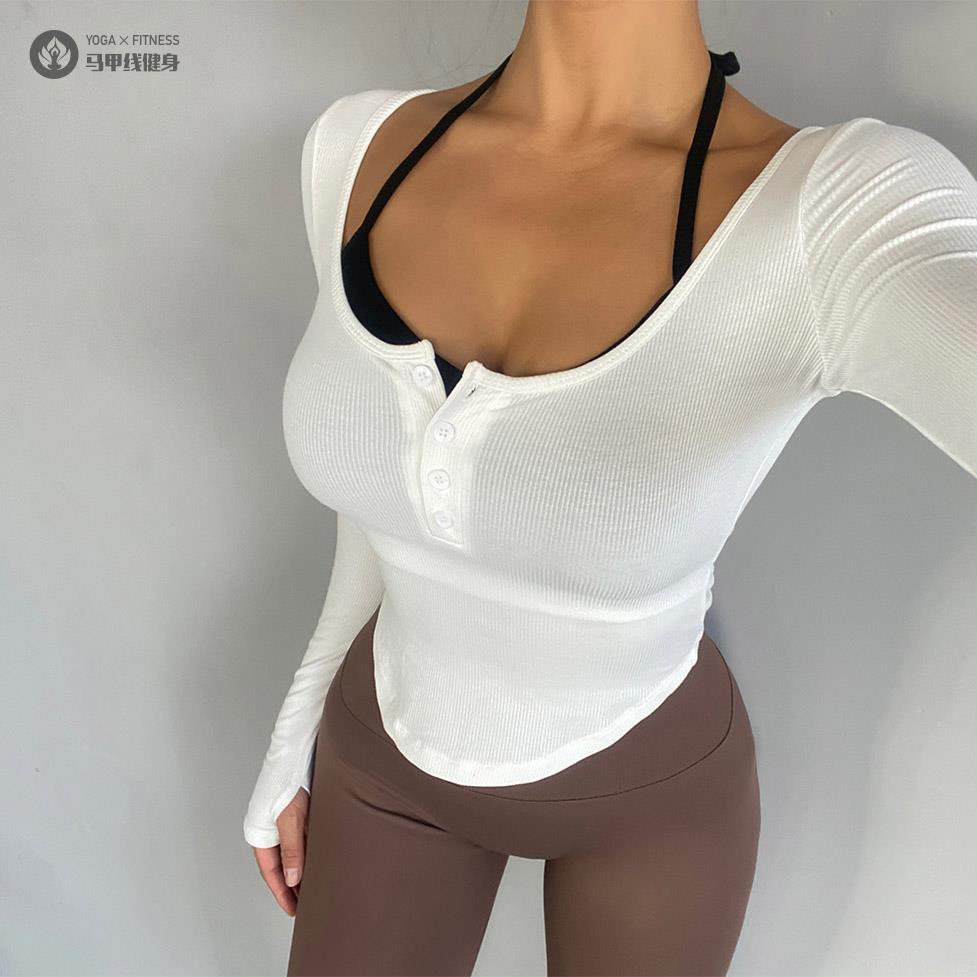 欧美假两件瑜伽服上衣带胸垫秋冬跑步运动长袖T恤挂颈紧身健身服