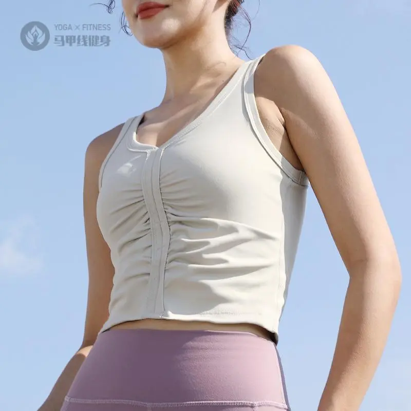大码v领修身瑜伽运动长背心女带胸垫袖瑜伽服上衣跑步健身内衣1-2
