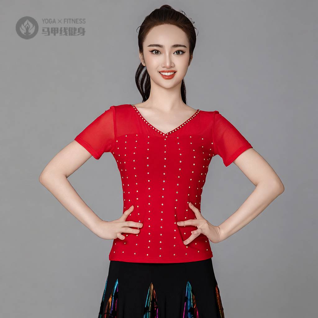 拉丁舞短袖镶钻摩登舞服新款时髦