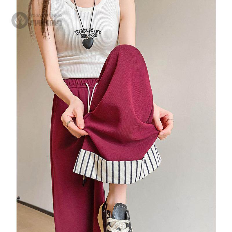 翻边条纹窄版阔腿裤女2025新款高腰垂坠感宽松直筒休闲裤子女春秋