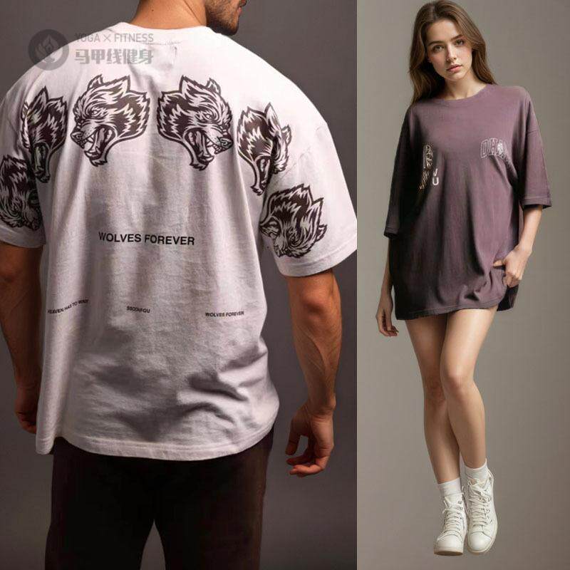 欧美健身宽松恤瑜伽上衣印花短袖纯棉运动长款上衣