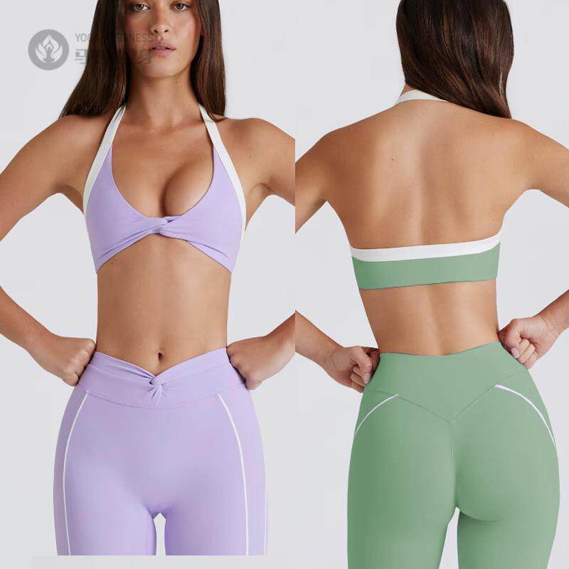 瑜伽背心挂脖撞色扭结吊带跑步运动内衣健身蜜桃裤服套装女