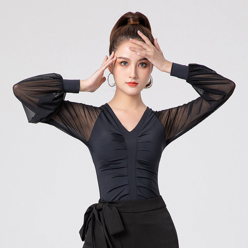 新款锦纶拉丁舞练功服女灯笼长袖
