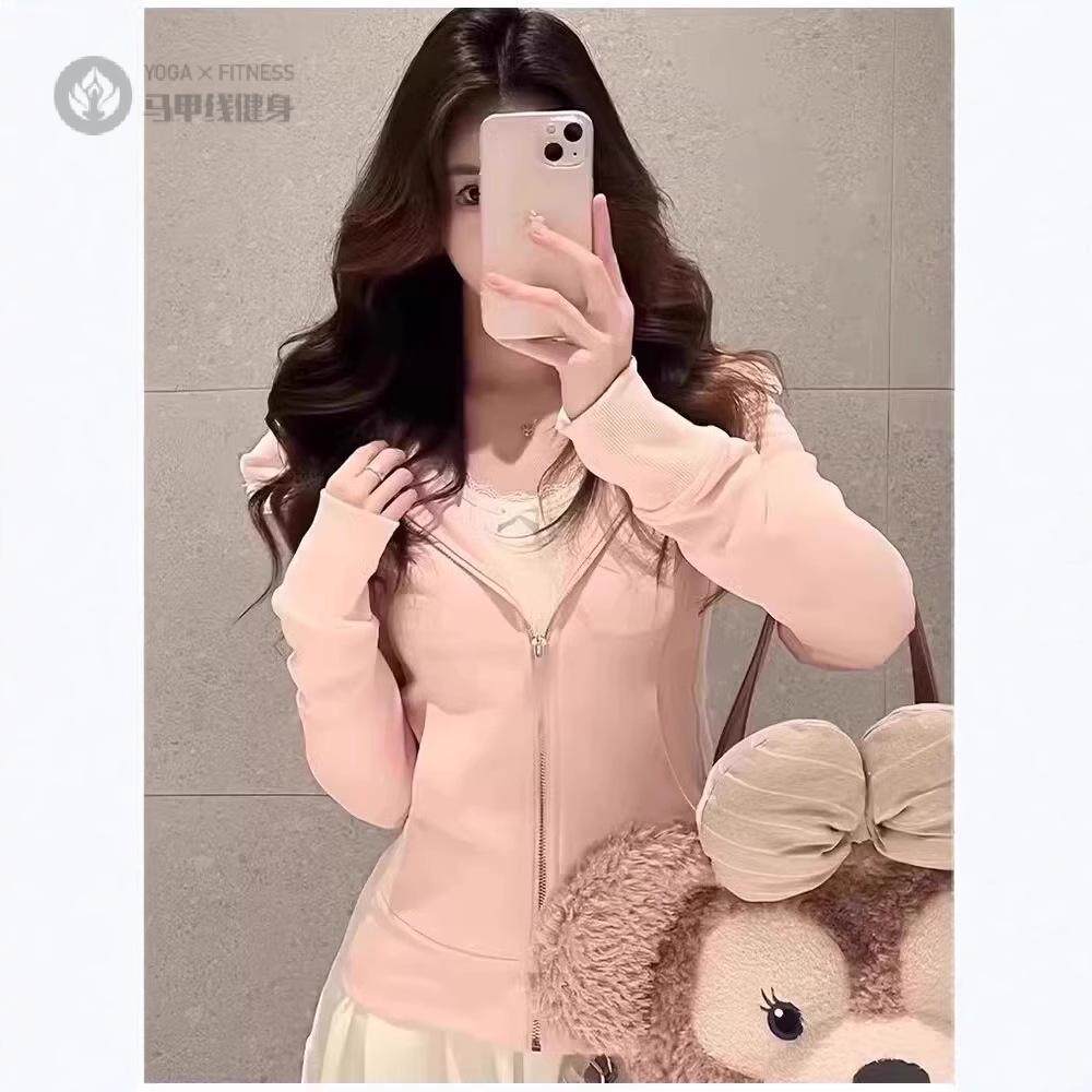 粉色正肩修身卫衣外套女开春季2026新款初春韩系穿搭运动收腰上衣