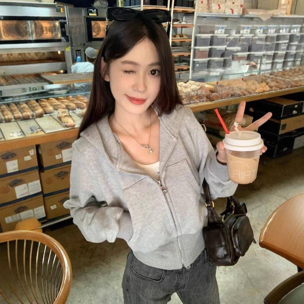 美式灰色连帽拉链开衫卫衣外套女