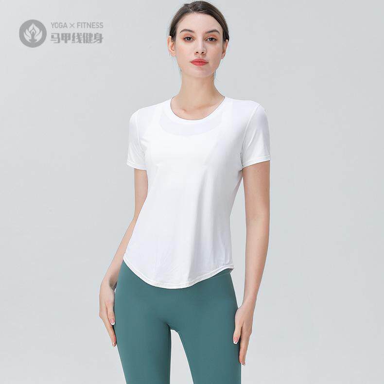 欧美宽松运动上衣女短袖透气跑步速干T恤训练白色健身瑜伽服