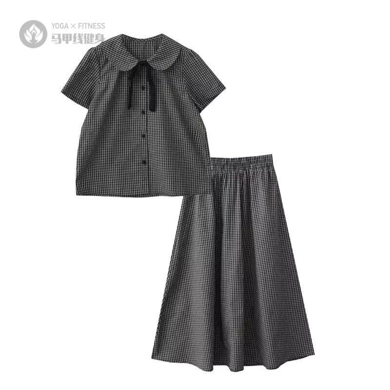 夏季日系复古学院风结娃娃领短袖衬衫+格子半身裙两件套装女