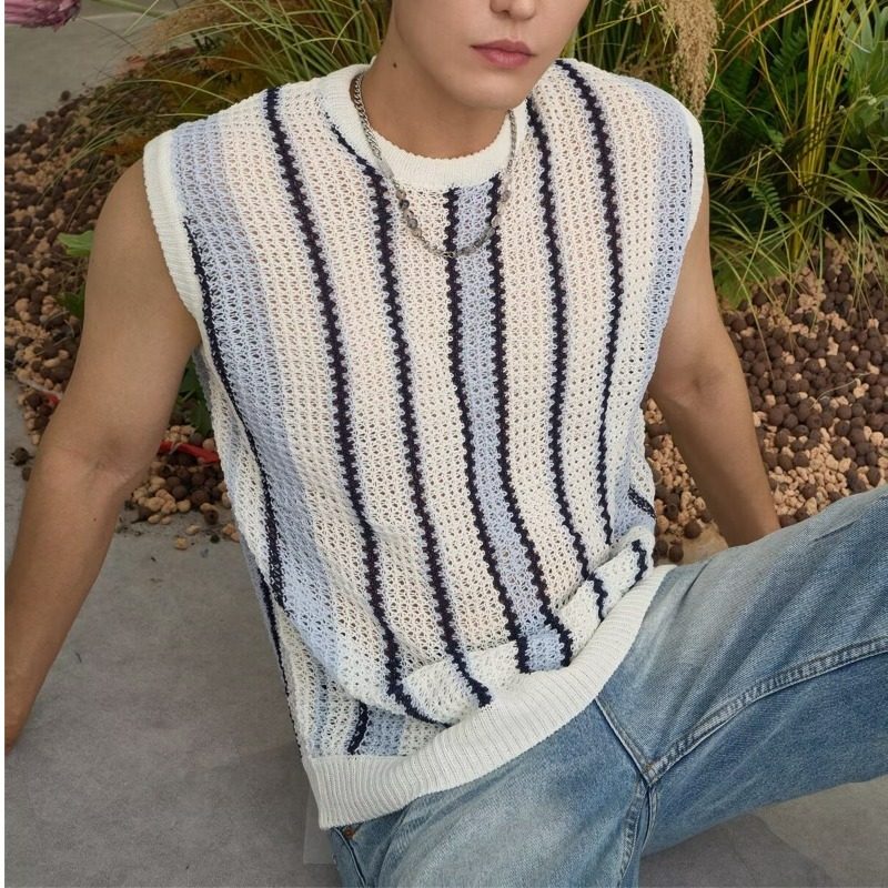 美式条纹宽松短袖针织衬衫夏季小众原创简约设计衬衣韩版男潮马甲,男装,背心,淘宝优惠券,粉丝福利购,淘宝优惠卷