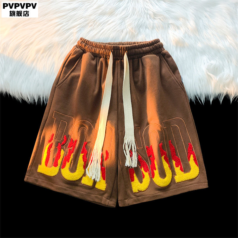 美式篮球运动短裤男士夏季薄款高街ins潮牌火焰刺绣休闲五分裤子