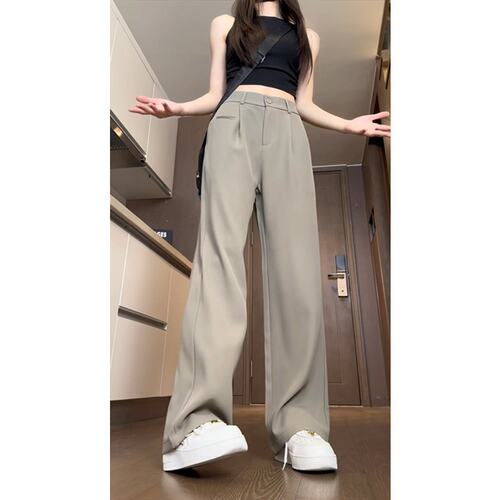 慵懒风冰丝西裤垂坠感小个子美式高腰裤子男显高休闲微喇直筒裤