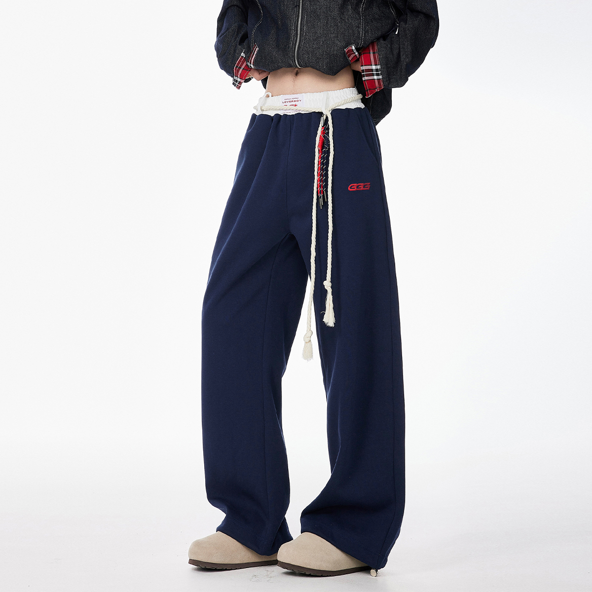 美式复古撞色运动卫裤女男秋季小众潮牌宽松阔腿直筒裤Jennie同款