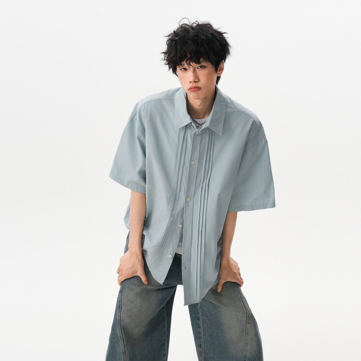 褶皱衬衫短袖男女2025夏季衬衣