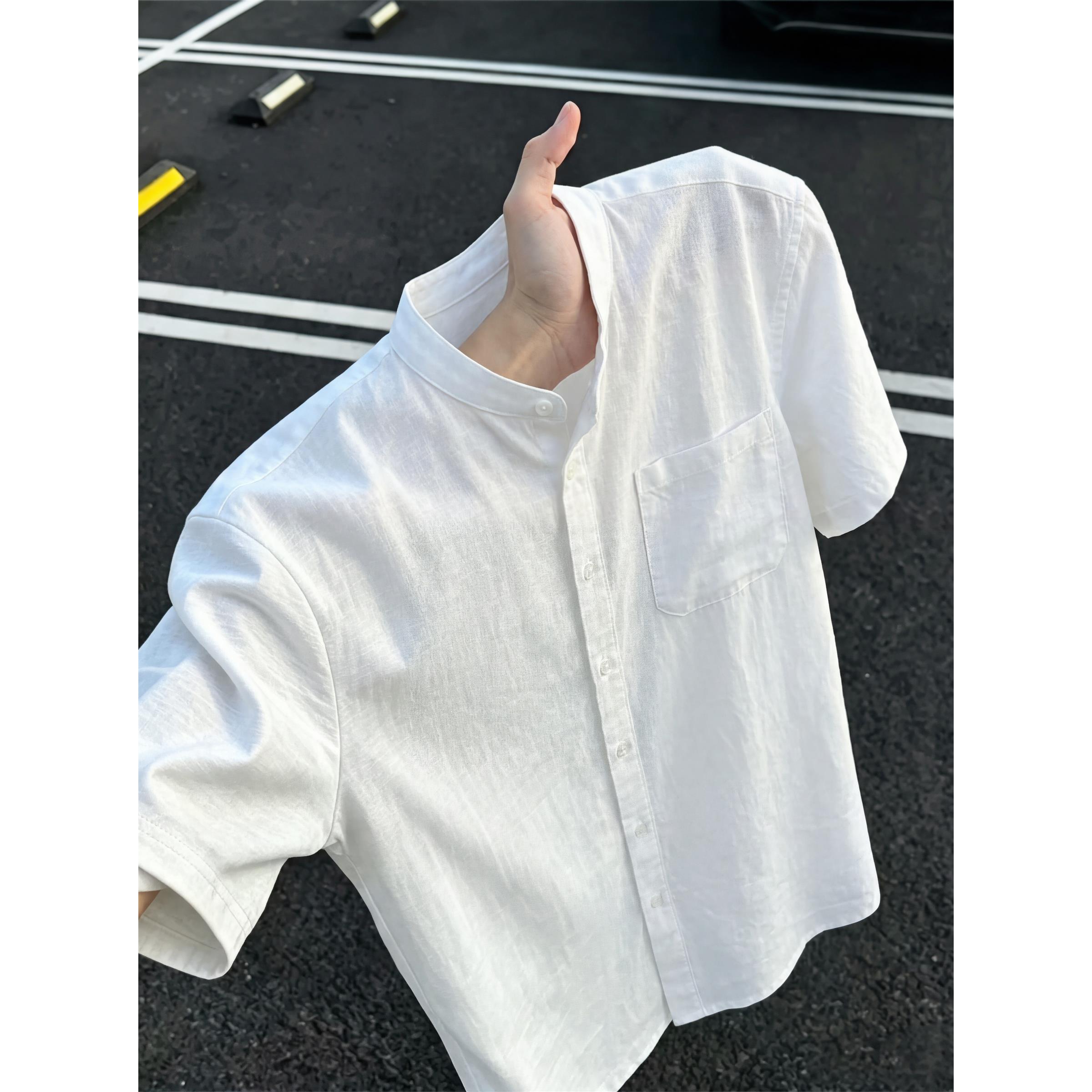 白色复古仿亚麻衬衫男女款夏季老钱风短袖衬衣慵懒松弛感防晒外套