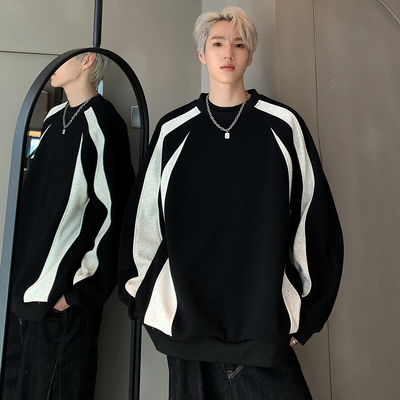美式条纹拼接卫衣男2024秋冬季新款重磅潮牌360g重磅宽松休闲外套