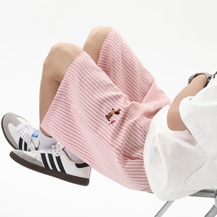 潮牌宽松情侣外穿五分裤 粉色条纹腊肠狗刺绣休闲短裤 男女2025夏季