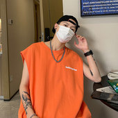 汗衫 橙色美式 潮牌运动健身篮球衣坎肩重磅背心男士 t恤男夏季 无袖