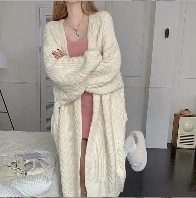 KANING慵懒风长款麻花针织开衫女2025秋季新款韩版设计感毛衣外套
