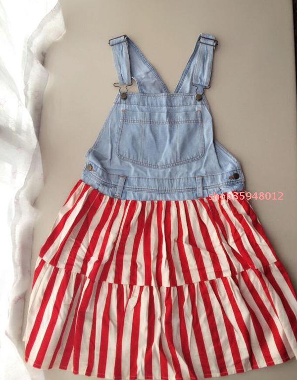 日本正品spinns原宿可爱条纹拼色背带牛仔背带裙长裙