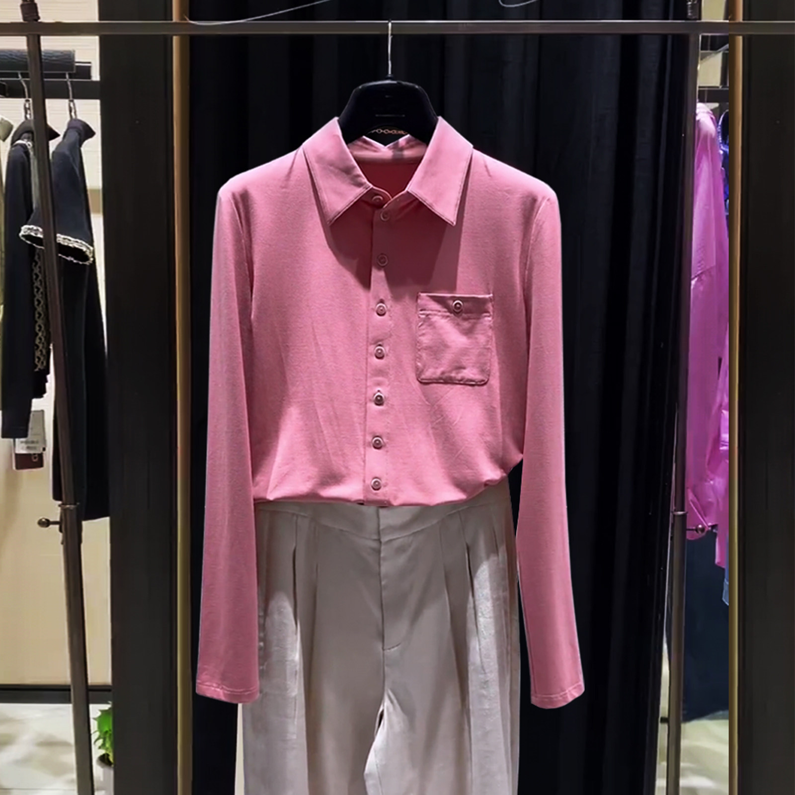 正品哥家新款2026秋季纯色柔软衬衣口袋修身长袖衬衫女士通勤上衣