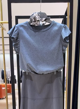 正品哥家新款2026夏款圆领荷叶边短袖T恤女宽松显瘦灰色休闲上衣