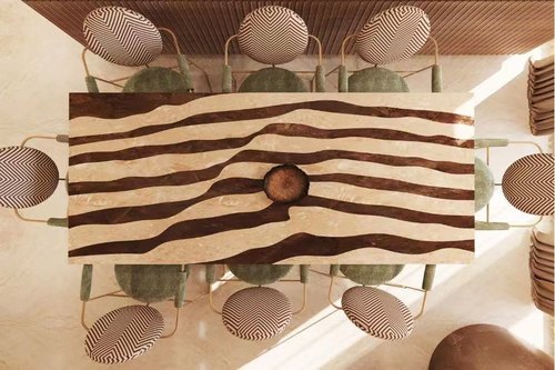 进口大理石拼色意大利设计师餐桌高定制款波浪纹网红MystiX迷石馆