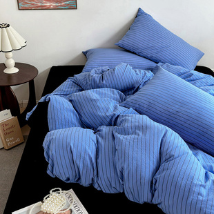 困觉KUNGAO北欧风床上四件套纯棉蓝色条纹被套床单简约水洗全棉