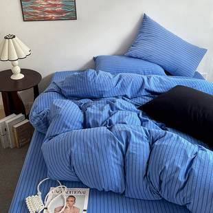 困觉~蓝色条纹床上四件套纯棉被套床单INS风男士床品水洗全棉床笠