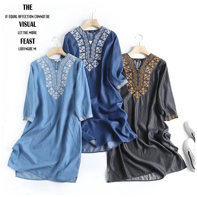 外贸女装2022夏季新款V领文艺刺绣天丝连衣裙薄款垂顺透气牛仔裙