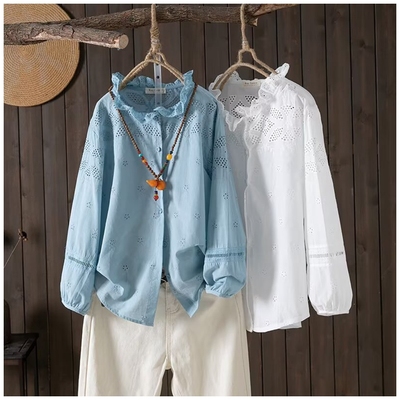 外贸女装2025春季新款花边立领中长款衬衫宽松百搭刺绣镂空打底衫