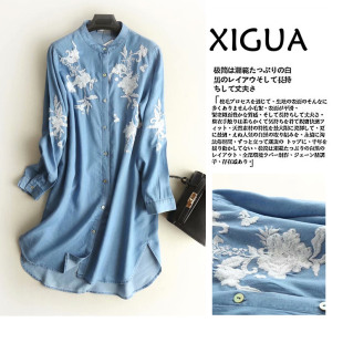 外贸单2019春季 立领民族风刺绣天丝连衣裙亲肤柔软百搭牛仔裙 新款