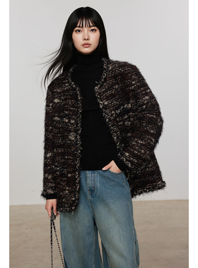 羊毛粗花呢小香风奢中古经典弯刀袖初雪白色外套女